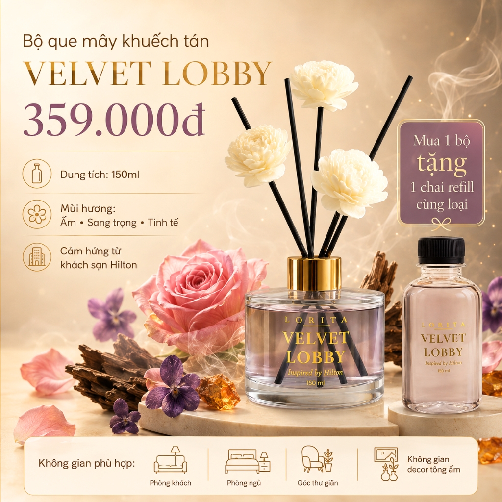LORITA Bộ que khuếch tán tinh dầu 150ML, Tinh dầu thơm phòng khách sạn HILTON - Sang trọng ấm áp #