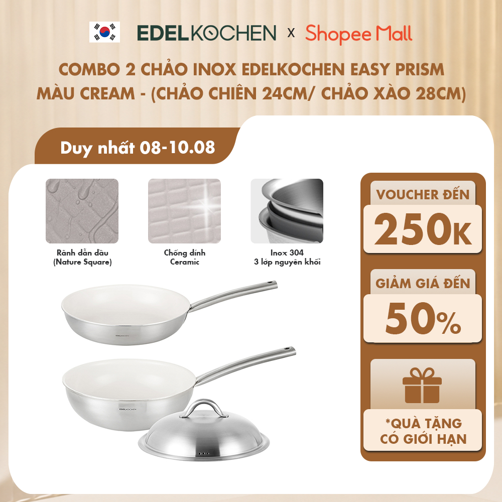 Combo 2 chảo inox Edelkochen Easy Prism - Màu Cream (Chảo chiên 24cm/ Chảo xào 28cm)