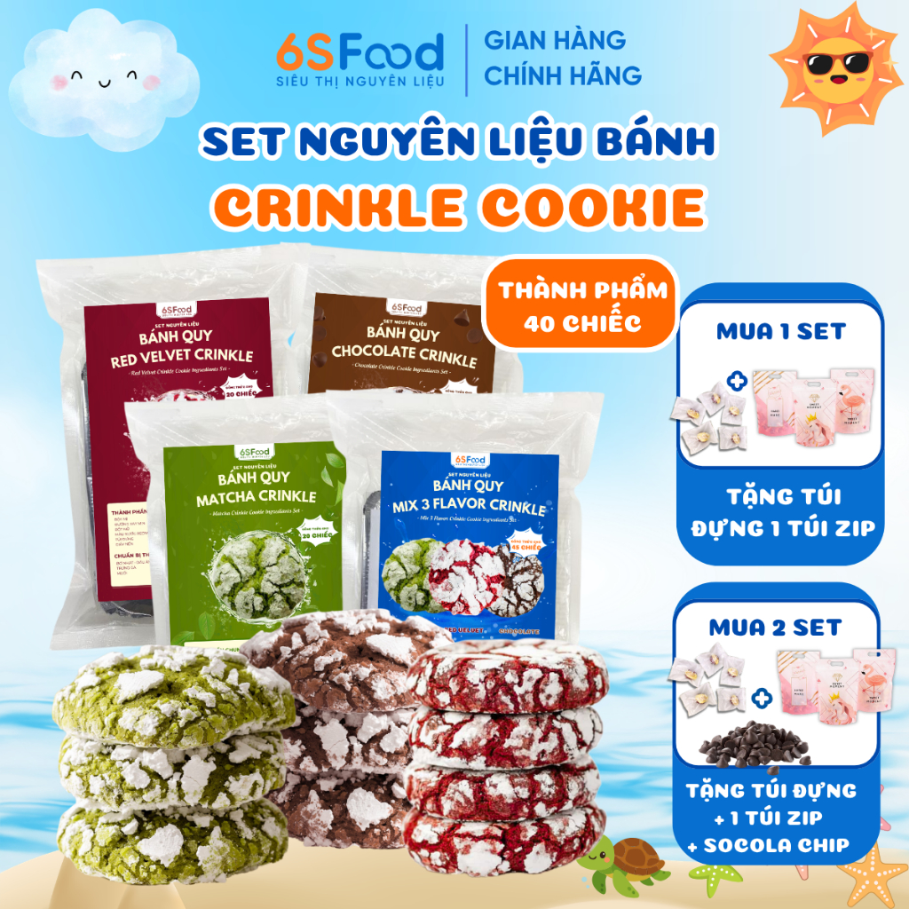 Set Nguyên Liệu Bánh Crinkle Cookie Mix 3 Vị Red velvet, Cacao, Matcha - 6SFOOD