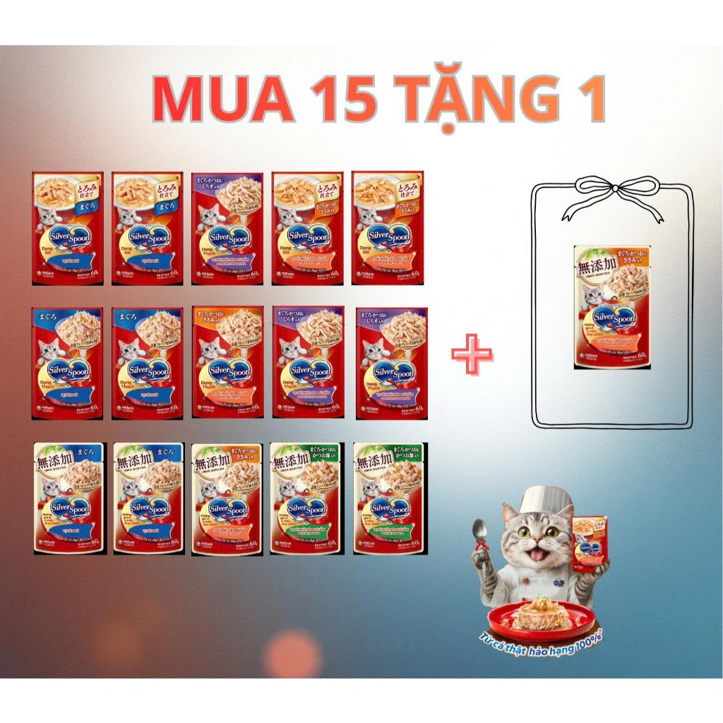 {COMBO 15} gói Pate Silver Spoon gói 60g -Pate cho mèo Silver Spoon - Dạng Thạch/Sốt, Nhiều Hương Vị