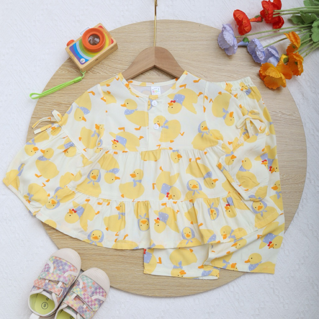 Bộ tole lanh tay dài quần dài form Babydoll nhún tầng cho bé gái size 8-16kg- Lavin Kids