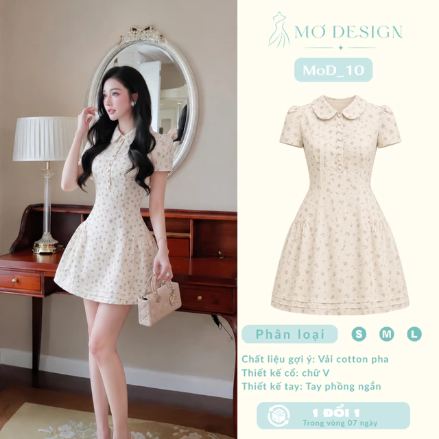 Đầm Hoa Nhí Dáng Chữ A Cổ Sen Tay Phồng, Váy Nữ Ngắn Chiết Eo Phong Cách Vintage MoD10 Mơ Design