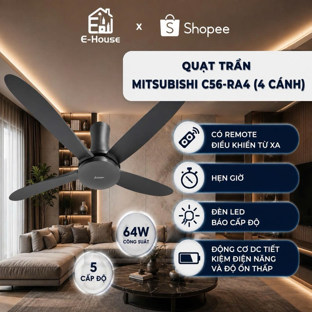 (Chính Hãng) Quạt Trần 4 Cánh Mitsubishi C56-RA4