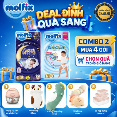 [Mua 4 gói_chọn QUÀ trong giỏ hàng] Combo 2 Ngày & Đêm_1 Tã quần Molfix Oxy Super Jumbo + 1 Tã Molfix Sweet Dreams