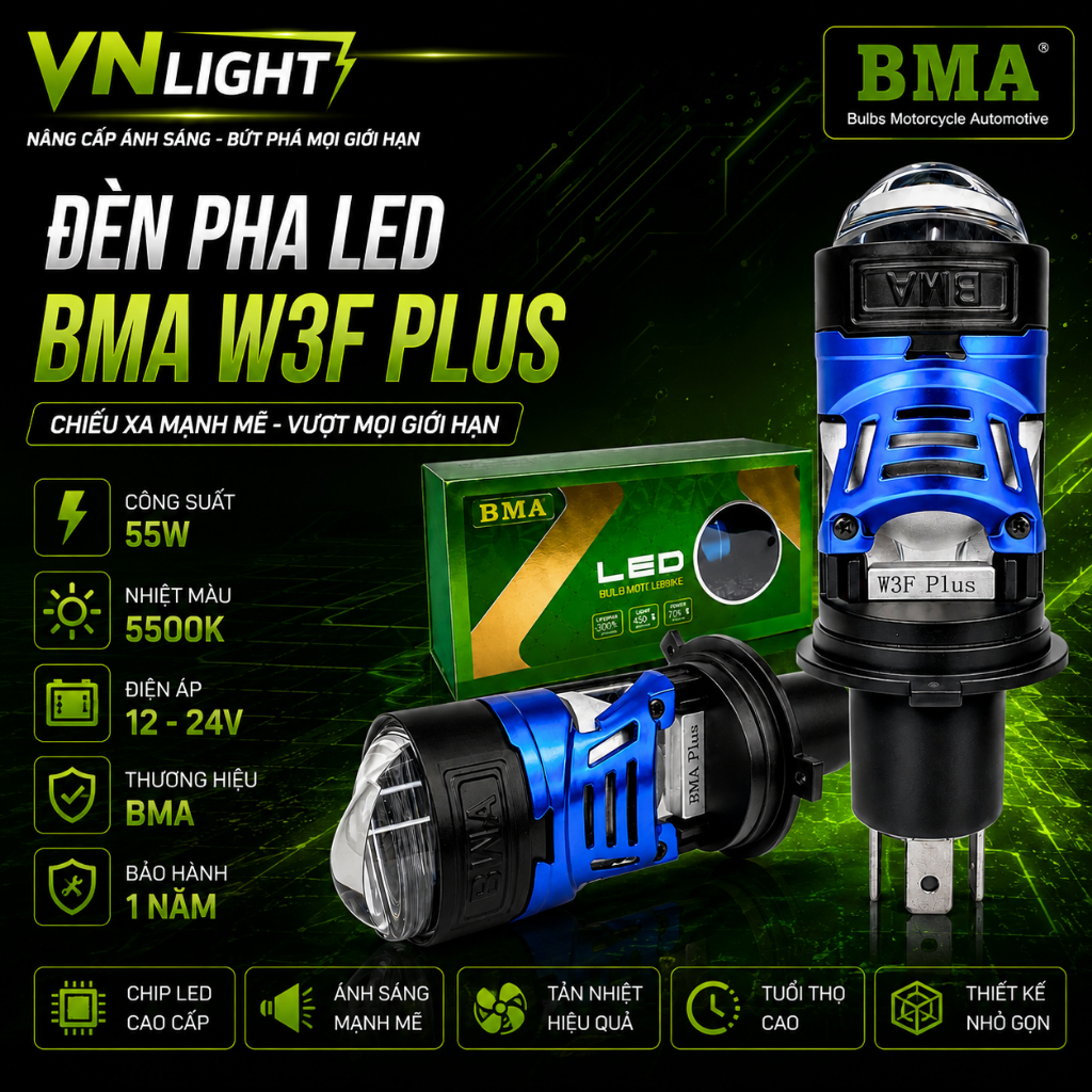 Đèn Pha LED BMA W3F Plus 55W Chính Hãng Siêu Sáng Cos Pha Rõ Nét Bám Đường Tốt Cao Cấp BH 1 Năm