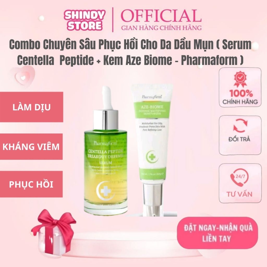 [Tặng 1 Chai SRM ] Combo Chuyên Sâu Phục Hồi Cho Da Dầu Mụn (Serum Centella Peptide 50ml+Kem Aze Bio