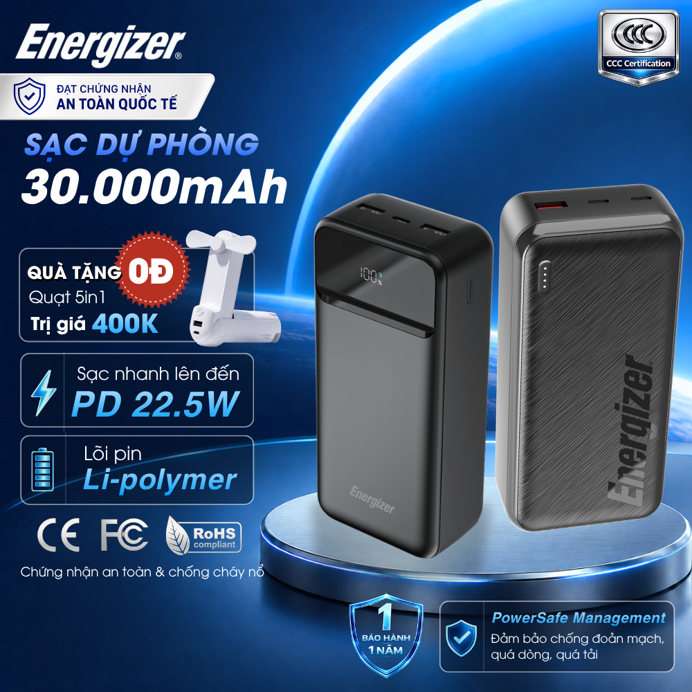 Pin Sạc Dự Phòng Cao Cấp Energizer 30000mAh, Sạc Nhanh PD 22.5W, 3 Cổng Sạc, Chính Hãng, BH 1 Năm