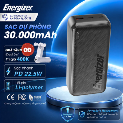 Sạc Dự Phòng Energizer 30000mAh/ 3.7V Sạc Nhanh PD 22.5W, 3 Cổng Sạc Ra, Chính Hãng, Bảo Hành 1 Năm