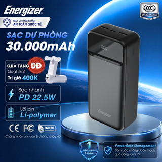 Sạc dự phòng energizer 30000mah sạc nhanh pd 22.5w, 3 cổng sạc, chứng nhân ccc, chính hãng, bảo hành 1 năm