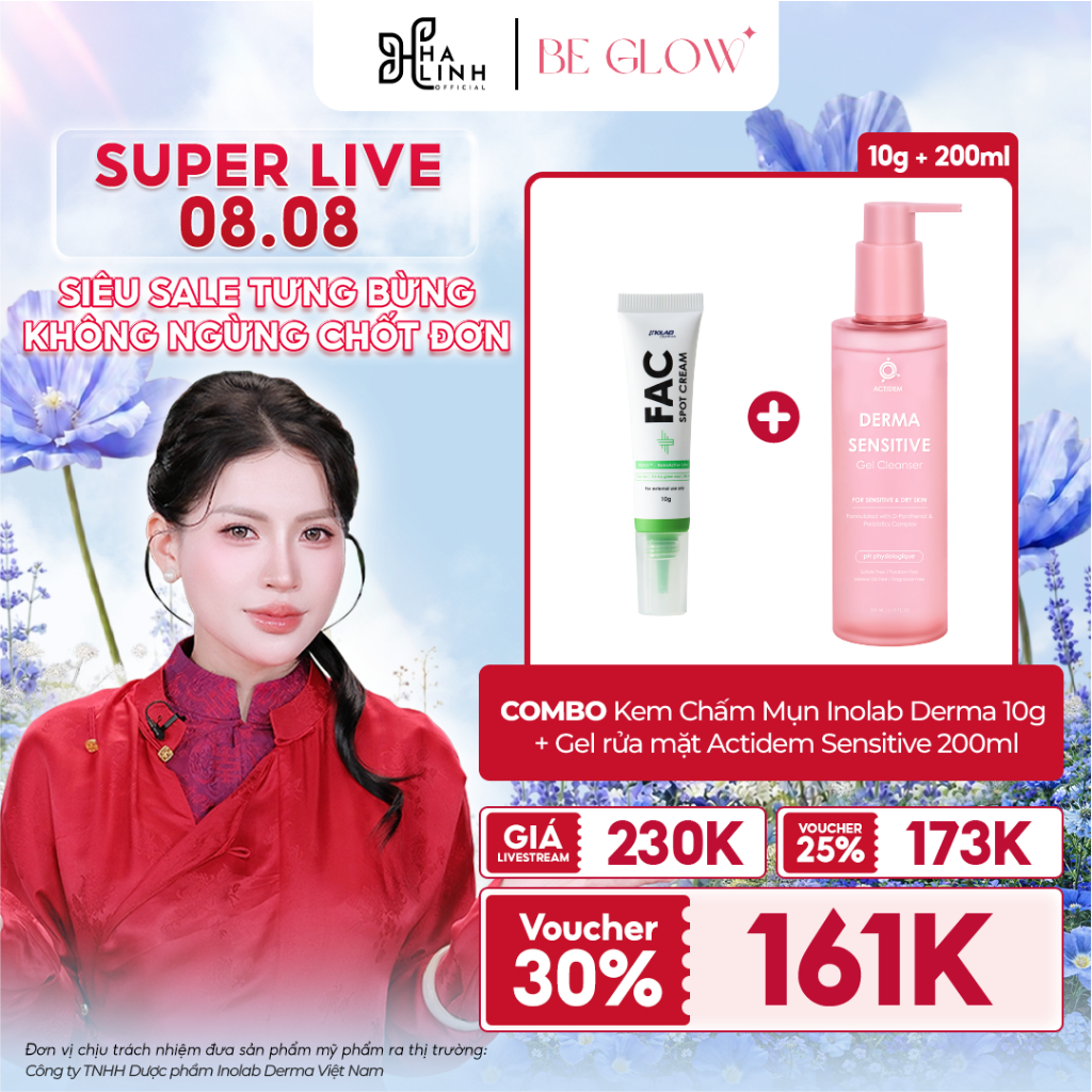[VHL X Beglowbeauty] Combo Kem Chấm Mụn Inolab Derma 10G + Gel rửa mặt Actidem Sensitive 200ml