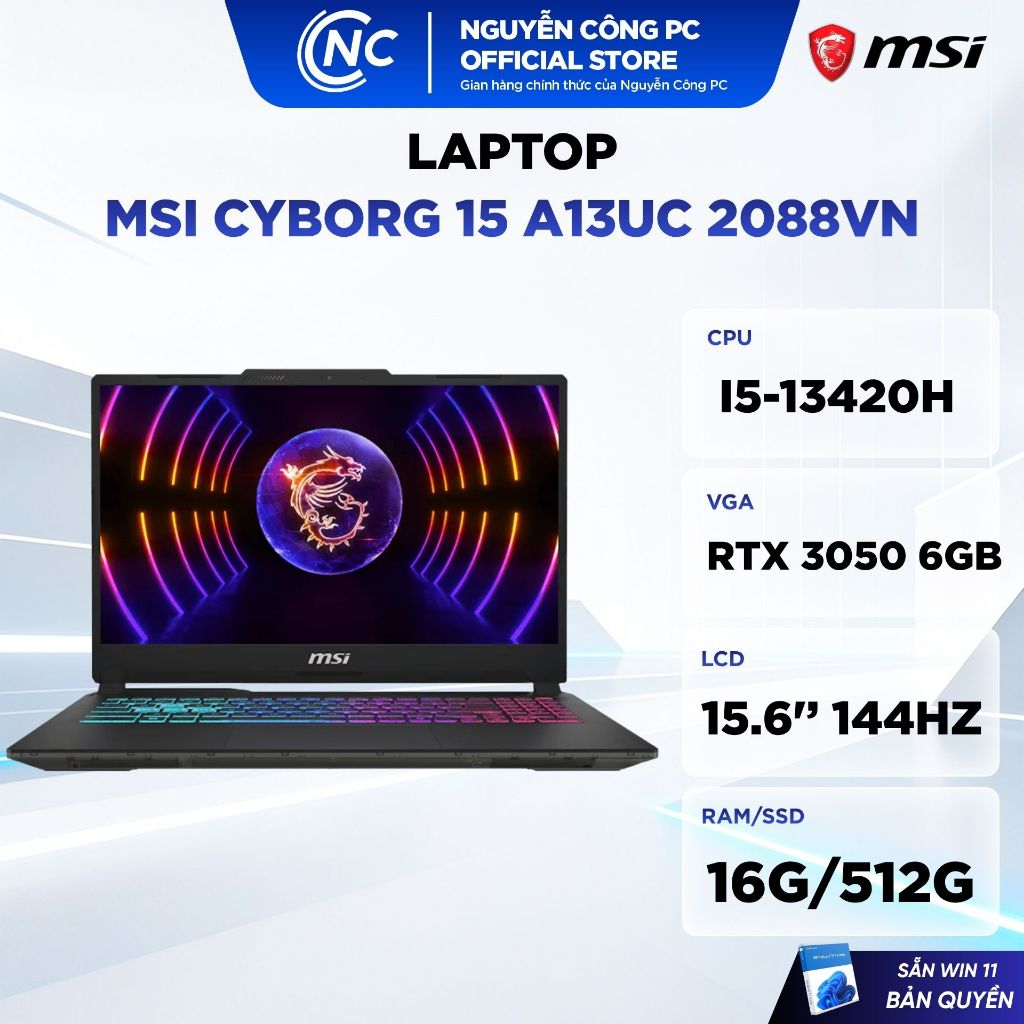 Laptop MSI Cyborg 15 A13UC 2088VN (i5-13420H, RTX 3050 6GB, 16GB, 512GB, 15.6'' FHD 144Hz, Win 11) -