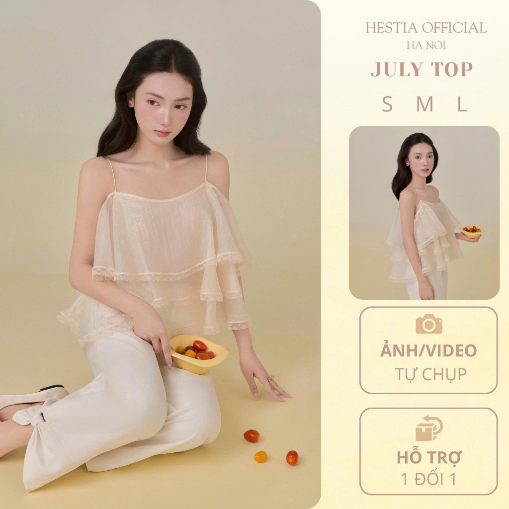 [New Collection] Áo nữ 2 dây xếp tầng tơ sần phối ren tiểu thư Hestia JULY TOP