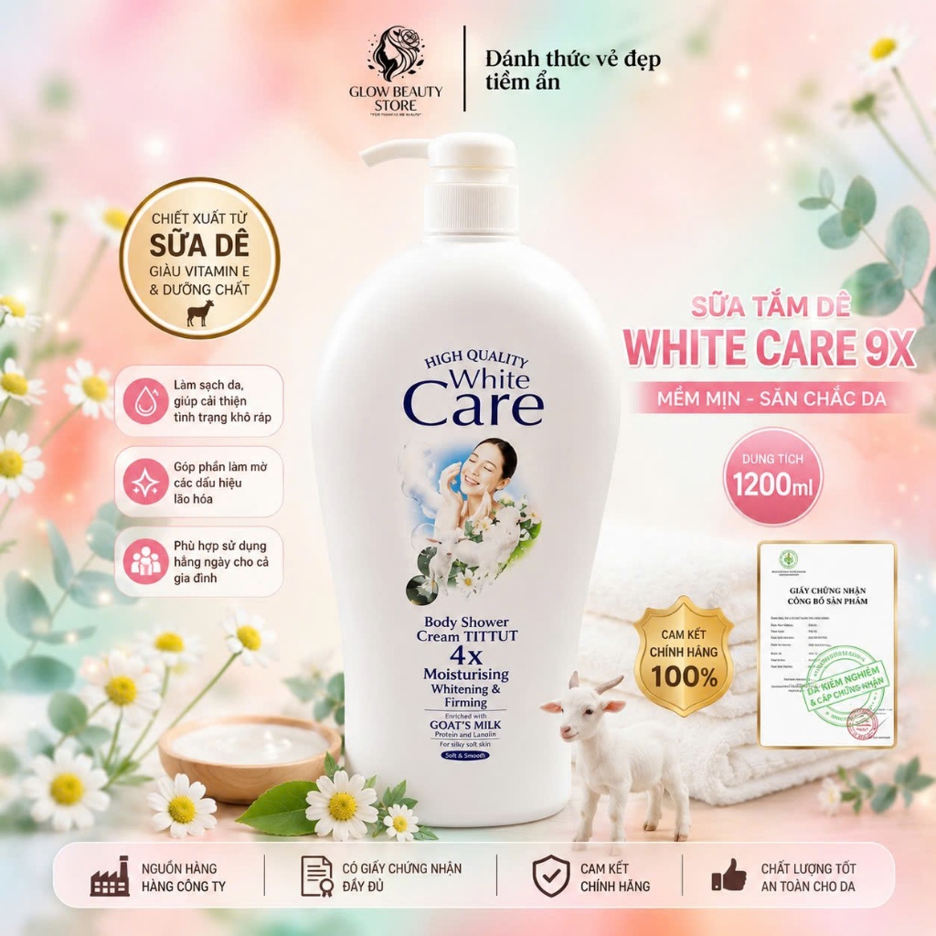 Sữa Tắm Dê WHITE CARE 9X 1200ML Dưỡng Ẩm Mềm Mịn Da, Hỗ Trợ Săn Chắc, Làm Sạch Dịu Nhẹ - Glow Beauty
