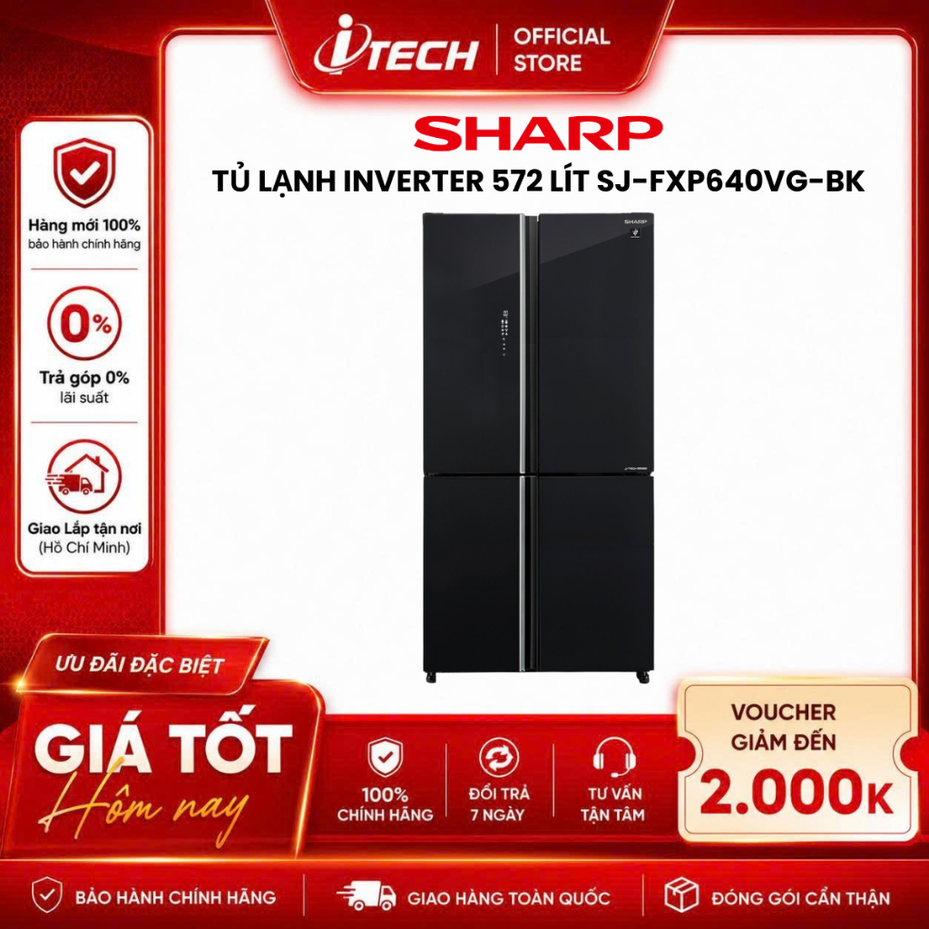 SJ-FXP640VG-BK - Tủ lạnh 4 cánh Sharp Inverter 572 lít SJ-FXP640VG-BK - Hàng chính hãng