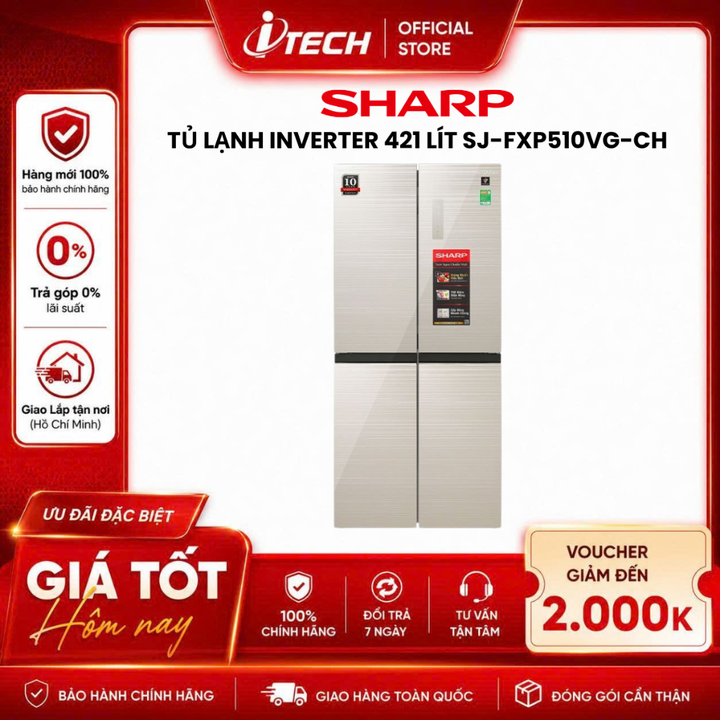 Tủ lạnh Sharp Inverter Multi Door 421 lít SJ-FXP510VG-CH - Hàng chính hãng