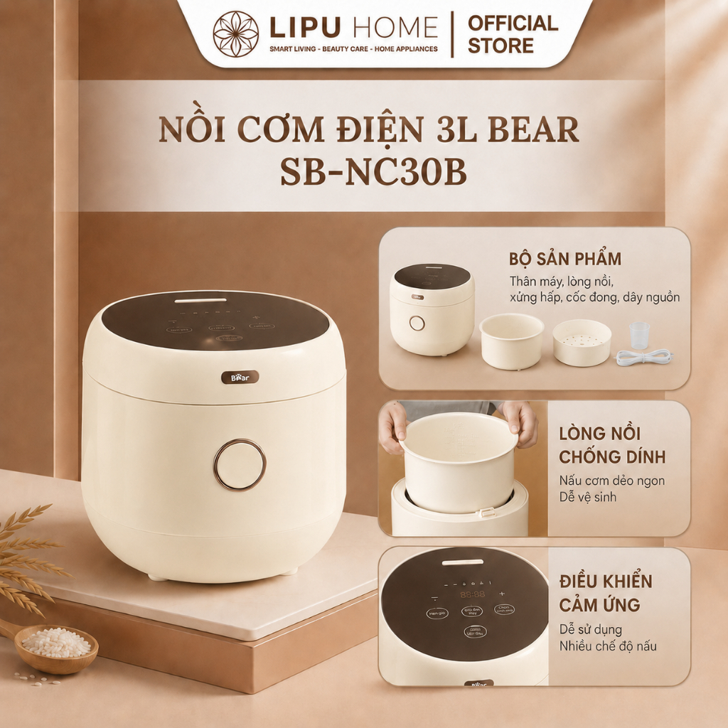 Nồi Cơm Điện Tử Bear 3L SB-NC30B Hàng Chính Hãng Bảo Hành 18 Tháng - Lòng Nồi Binchotan