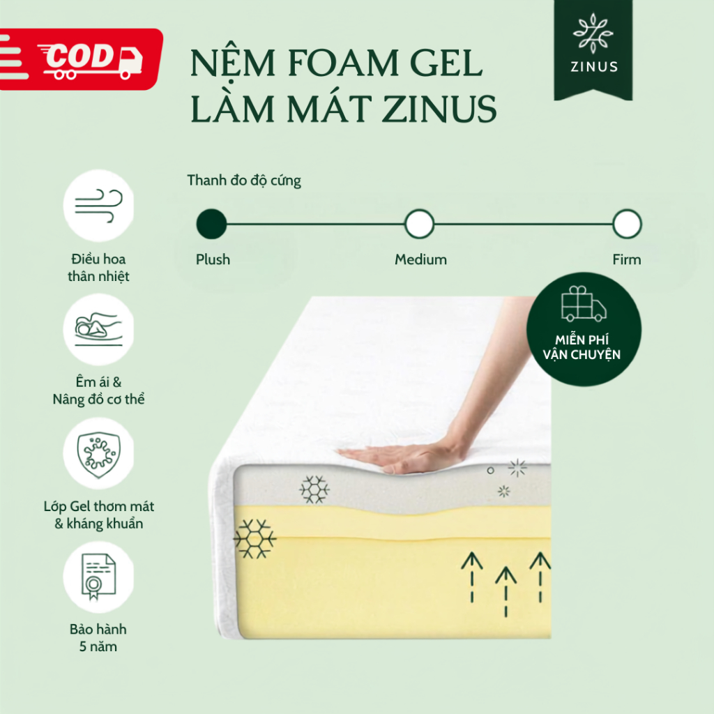 Nệm Memory Foam Gel Mát 25cm Zinus - 10in Gel-Infused Foam Mattress
