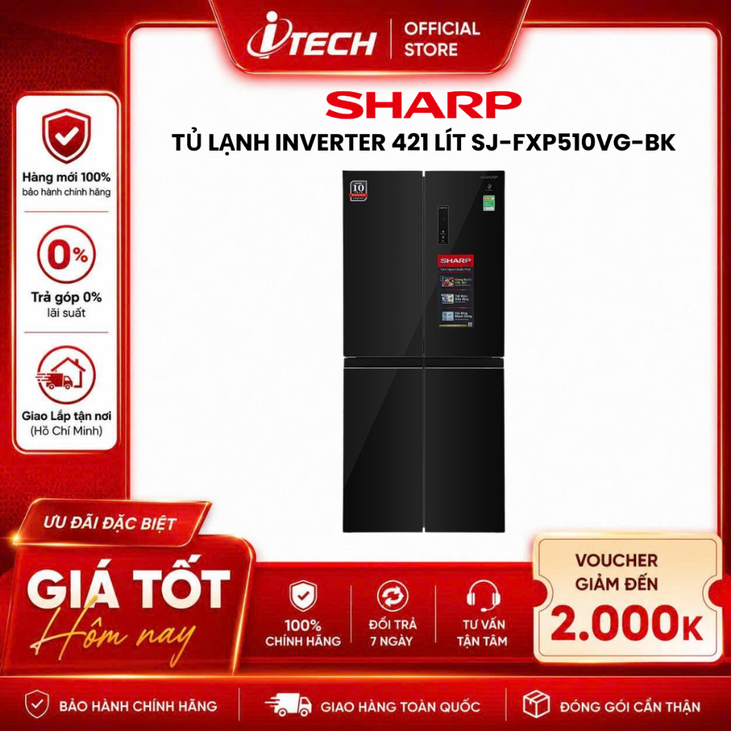 Tủ lạnh Sharp Inverter Multi Door 421 lít SJ-FXP510VG-BK - Hàng chính hãng