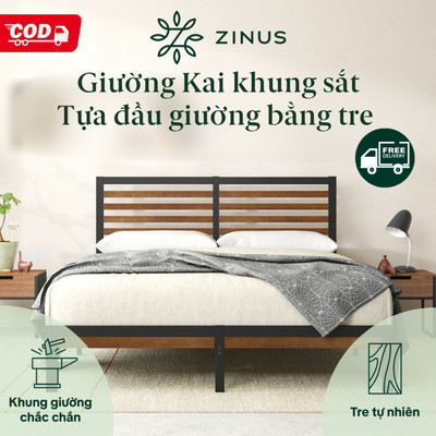Giường Khung Sắt Với Thanh Chắn Bằng Gỗ Tre  -  Kai Bamboo and Metal Platform Bed Frame & Headboard