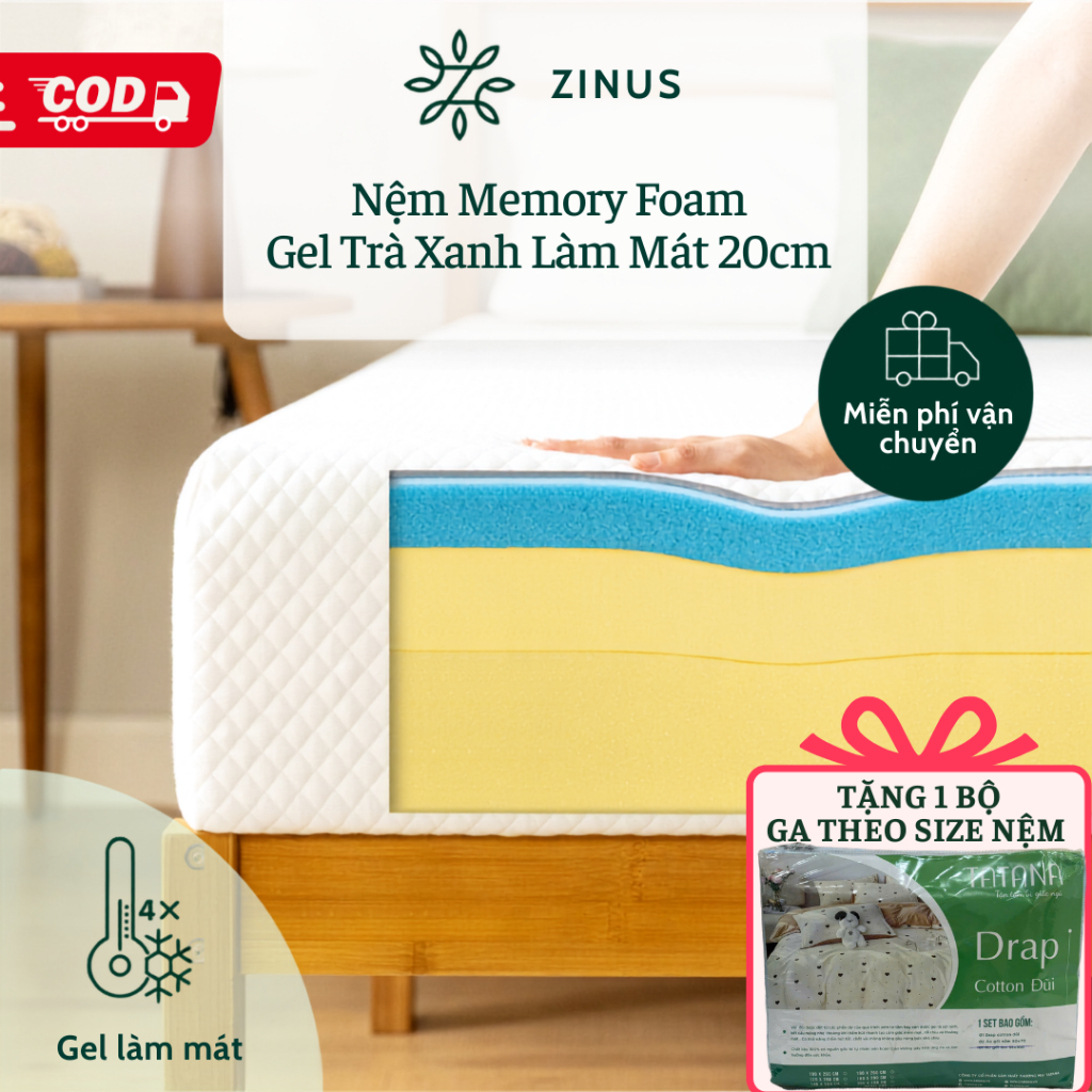 [Tặng Ga Ngẫu Nhiên] Nệm Memory Foam Zinus Gel Trà Xanh Vải Tencel Mềm Mát 20cm