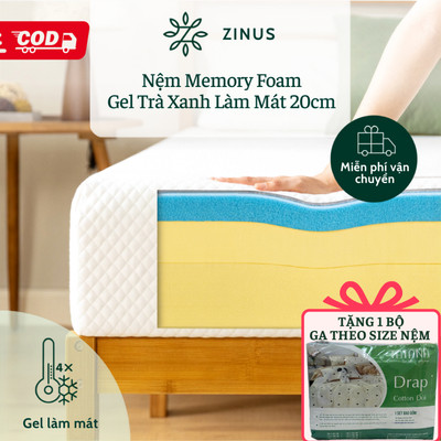 [Tặng Ga Ngẫu Nhiên] Nệm Memory Foam Zinus Gel Trà Xanh Vải Tencel Mềm Mát 20cm