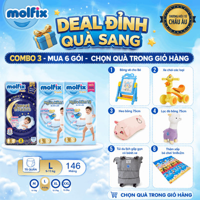 [Mua 6 gói_Chọn QUÀ trong giỏ] Combo 3 Ngày & Đêm_2 Tã/bỉm quần Molfix Oxy Super Jumbo + 1 Tã Molfix Sweet Dreams