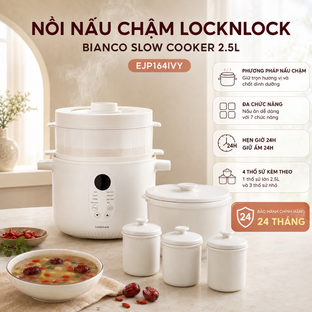 Nồi nấu chậm Locknlock Bianco Slow Cooker 2.5L EJP164IVY (nấu cháo, ninh hầm..) 4 thố sứ - Ebearhome