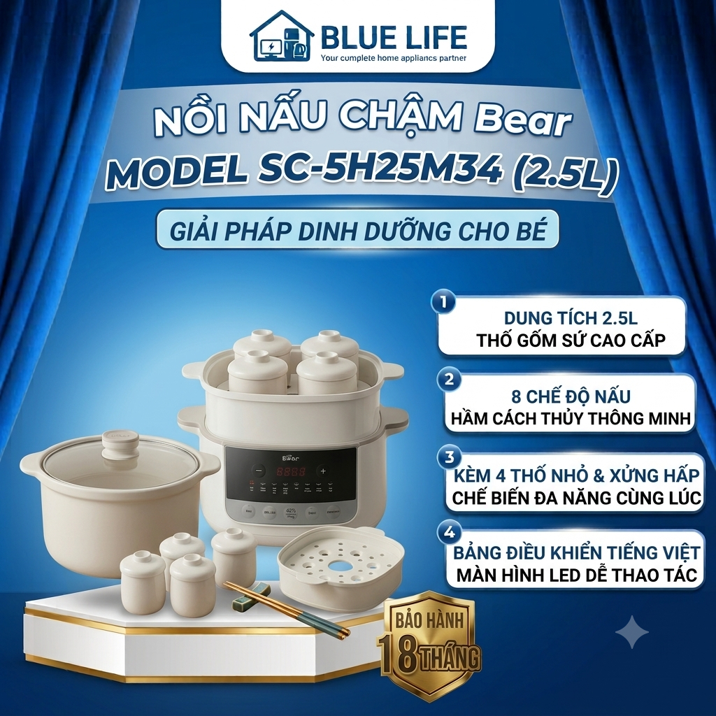 Nồi Nấu Chậm Bear SC-5H25M34, 2.5Lit Kèm Bộ 5 Thố Sứ Có Xửng Hấp 8 Chế Độ Nấu, Hàng Chính Hãng