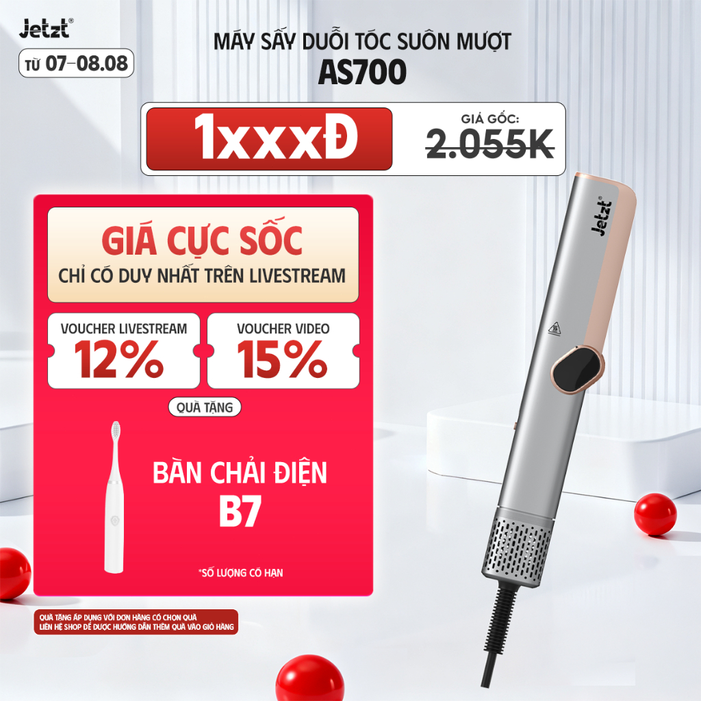 Máy sấy duỗi tóc suôn mượt Jetzt AS700, 4 mức độ nhiệt, tạo kiểu dễ dàng