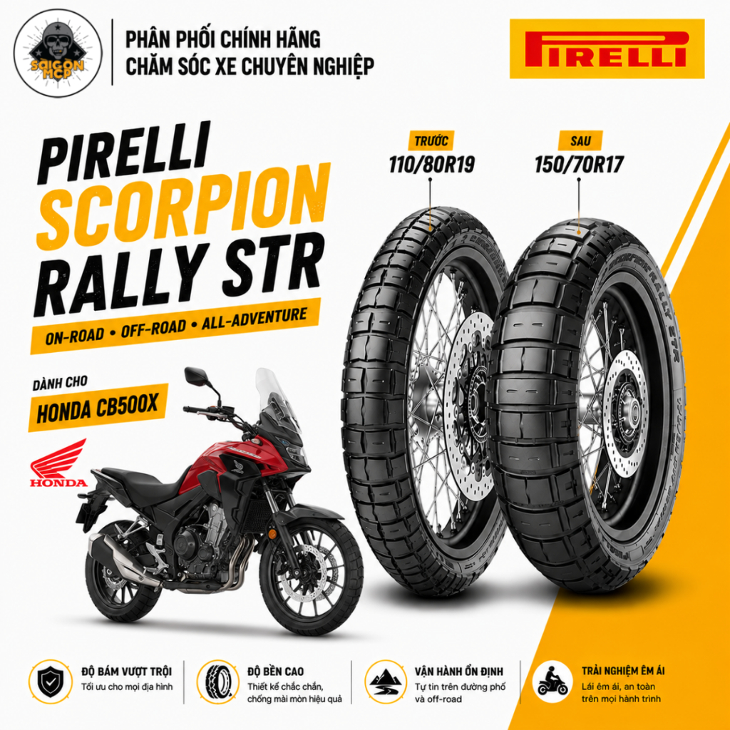 Vỏ Pirelli Scorpion Rally STR Đa Địa Hình Cho Honda CB500x Bám Đường Bền Bỉ Chính Hãng