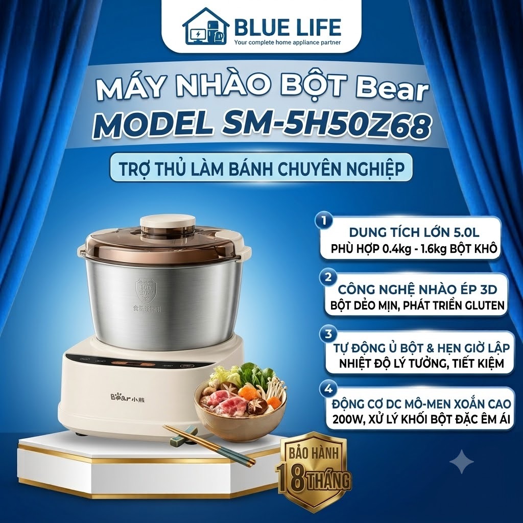 Máy Trộn Bột Bear SM-5H50Z68, Dung Tích 5Lít - Công Suất 180W, Nhồi Và Ủ Tự Động, Hàng Chính Hãng