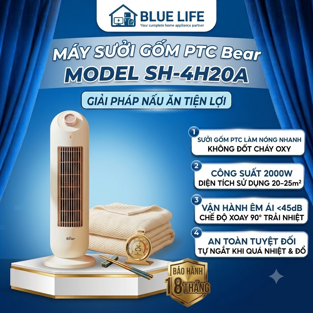 Máy Sưởi Gốm Bear SH-4H20A, Công Suất 2000w Công Nghệ Gốm Ceramic Không Gây Khô Da, Hàng Chính Hãng