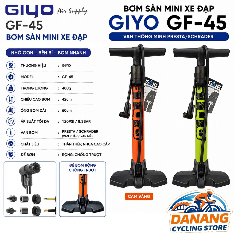 Bơm Sàn Mini Xe Đạp GIYO GF-45 – Bơm Xe Đạp Road, MTB, Gravel Siêu Tiện Lợi