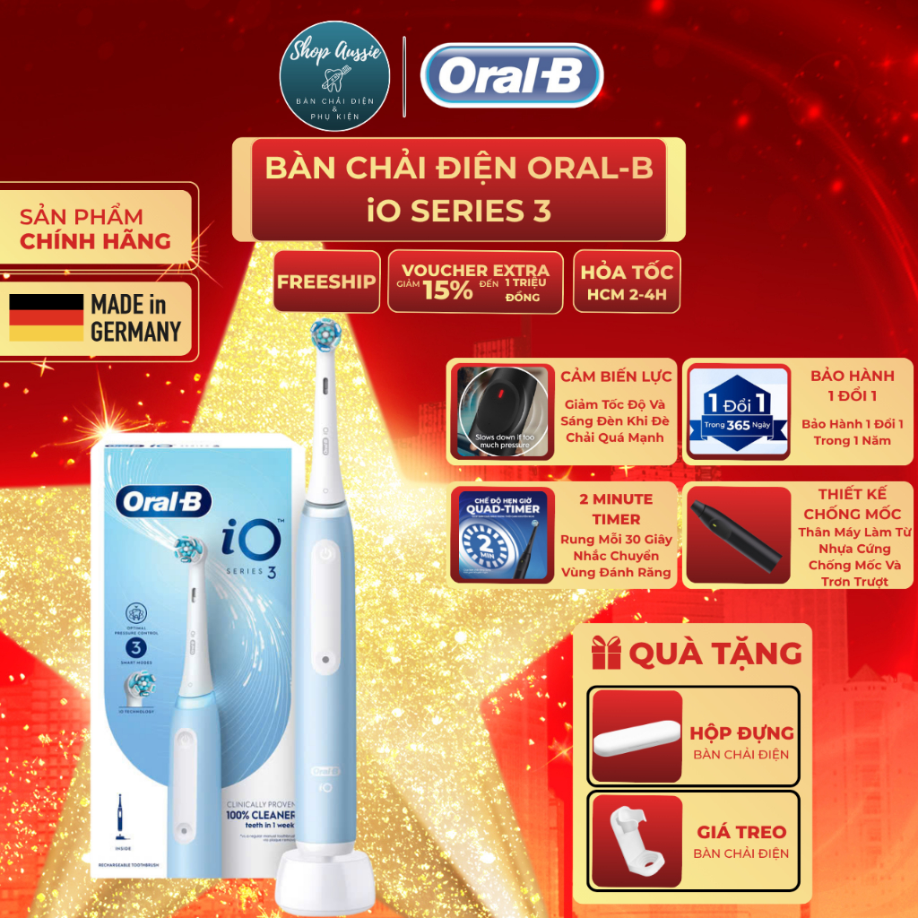 [MUA LÀ TẶNG] Bàn Chải Điện Oral-B iO Series 3 - 3 Chế Độ Làm Sạch, Cảm Biến Áp Suất, Loại Bỏ Mảng B