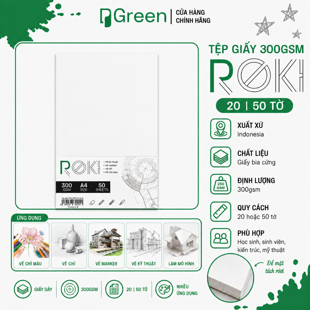 Tệp Giấy Roki 300gsm – Giấy bìa cứng 2 mặt, làm mô hình, báo tường, vẽ chì, thủ công | PGREEN