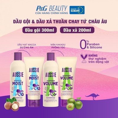 Combo Gội + Xả Aussie Thuần Chay & Dưỡng Ẩm, Giúp Phồng Tóc 300ml, 200ml - Châu Âu