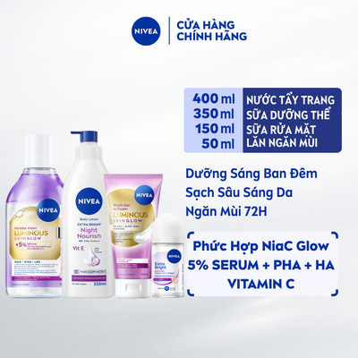 Combo NIVEA Luminous Skin Glow: Tẩy Trang, Sữa Rửa Mặt, Sữa Dưỡng Thể và Lăn Ngăn Mùi