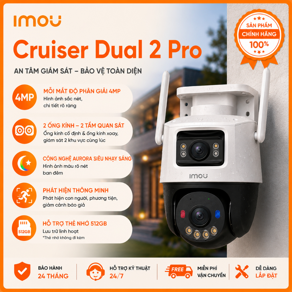 Camera WIFI Imou cao cấp ngoài trời 2 mắt quan sát ban đêm siêu nhạy sáng, IMOU CRUISER DUAL 2 PRO, 