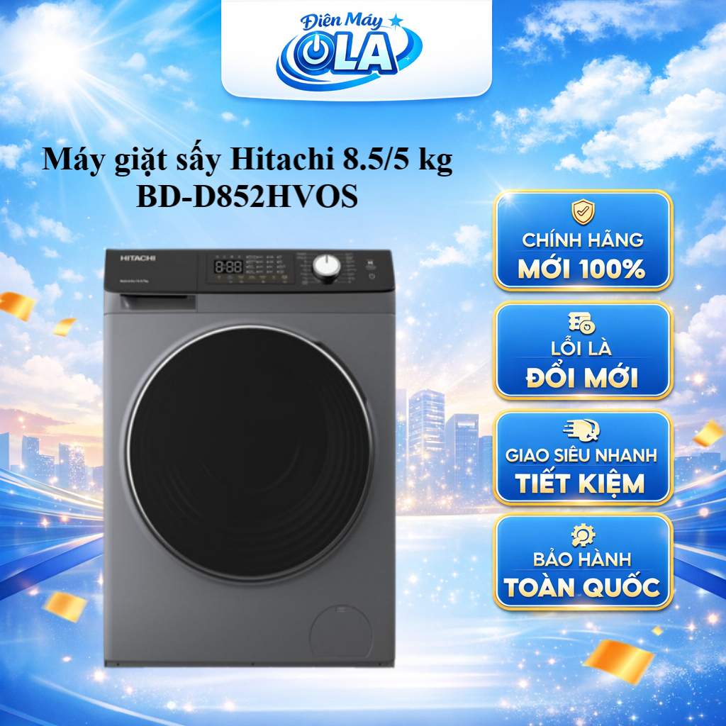 (HCM) - BD-D852HVOS - Máy Giặt Sấy Hitachi Inverter Giặt 8.5Kg sấy 5Kg BD-D852HVOS