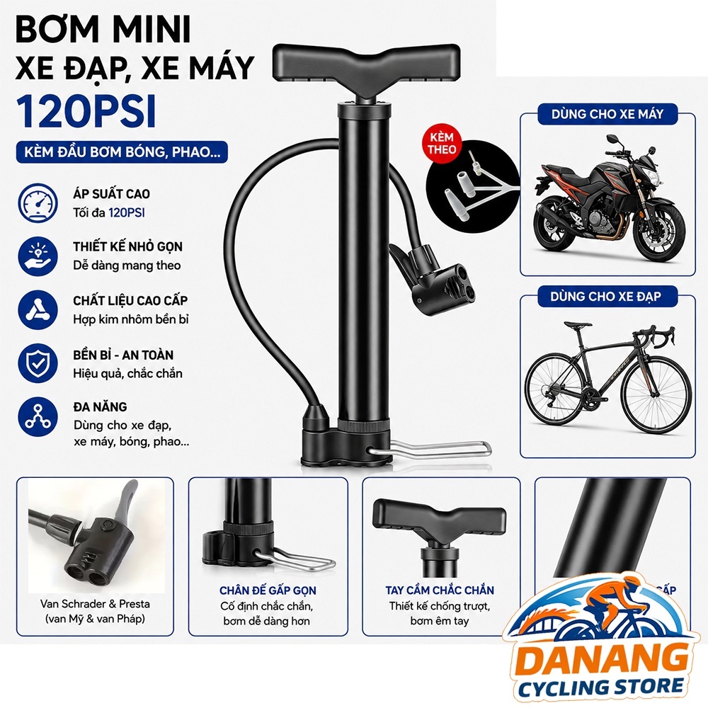 Bơm Mini Xe Đạp – Bơm Cầm Tay Cho Xe Đạp, Xe Máy – Kèm Đầu Bơm Bóng, Phao