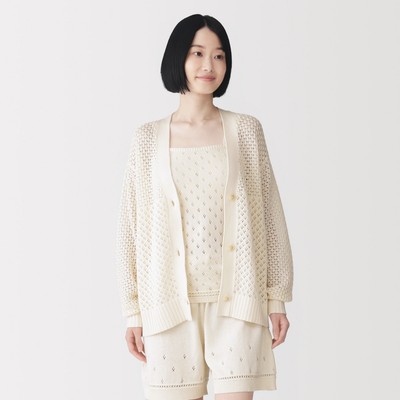 [26AW] MUJI Áo Cardigan Cotton Openwork Dệt Kim Tay Dài Cho Nữ