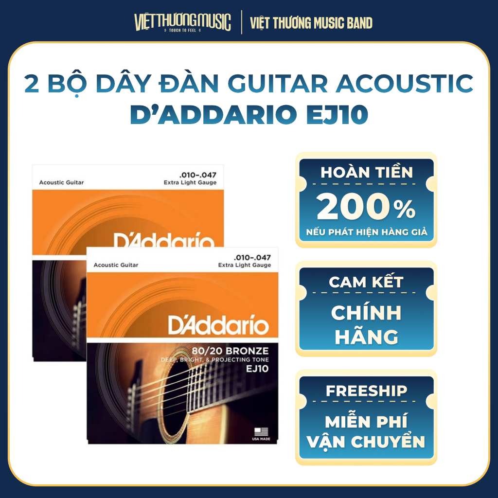 Dây Đàn Guitar Acoustic D'addario EJ10 Size 10 Dây Guitar Siêu Nhẹ