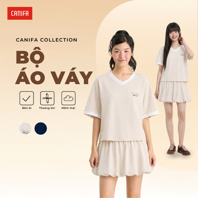 Set bộ váy áo nữ form boxy phối viền bo kẻ, phong cách hiện đại trẻ trung CANIFA 6ST26S003