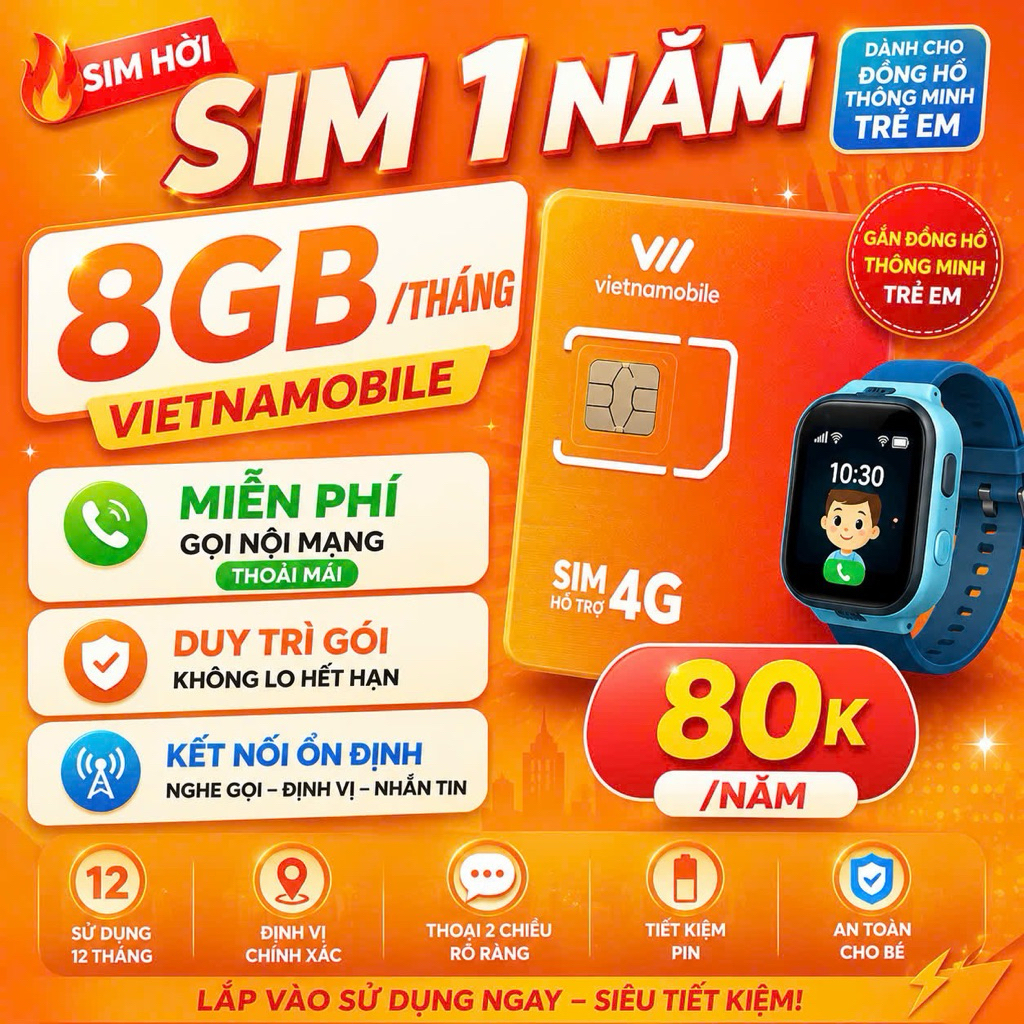 🔥Sim 1 Năm 8GB/Tháng Vietnamobile - Kidwatch - Miễn Phí Nội Mạng gắn đồng hồ thông minh trẻ em duy t