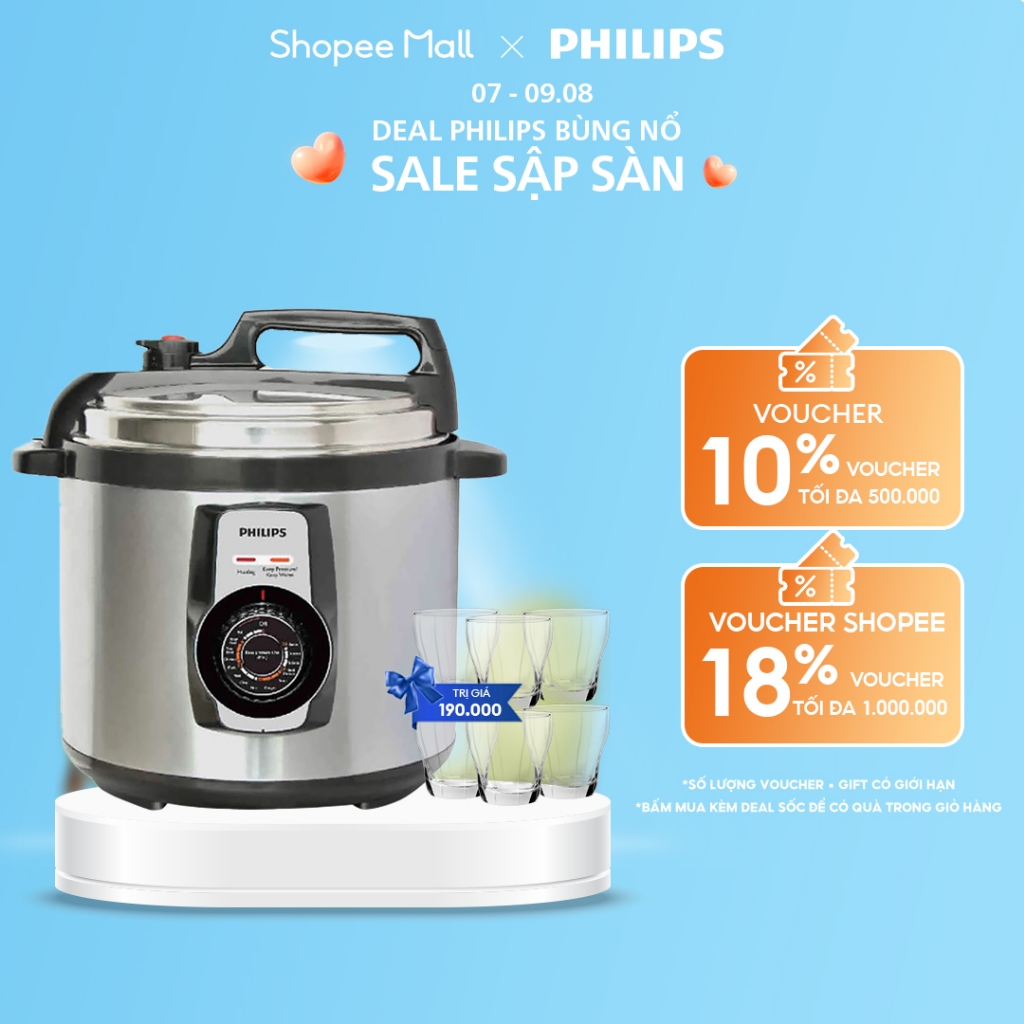 Nồi áp suất điện Philips HD2103/66 5L - Bạc đen, dung lượng lớn, an toàn và tiện lợi