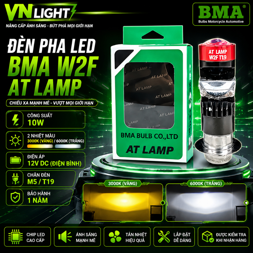 Đèn Pha LED BMA W2F AT LAMP 10W Chính Hãng Siêu Sáng Cos Pha Rõ Nét Bám Đường Tốt Cao Cấp BH 1 Năm