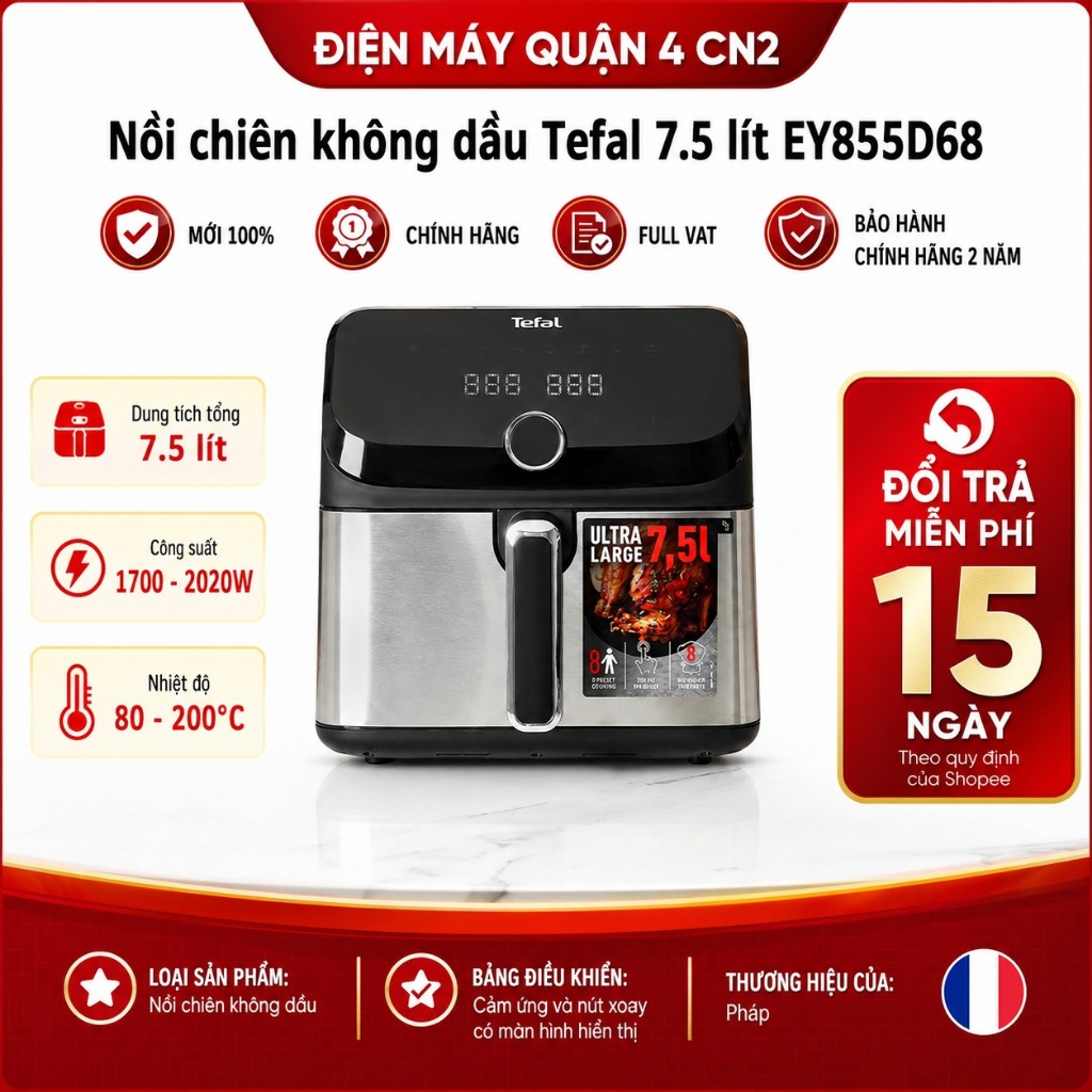 Nồi Chiên Không Dầu Tefal 7.5 Lít EY855D68 Công Nghệ Extra Crisp 1700W Màn Hình Cảm Ứng