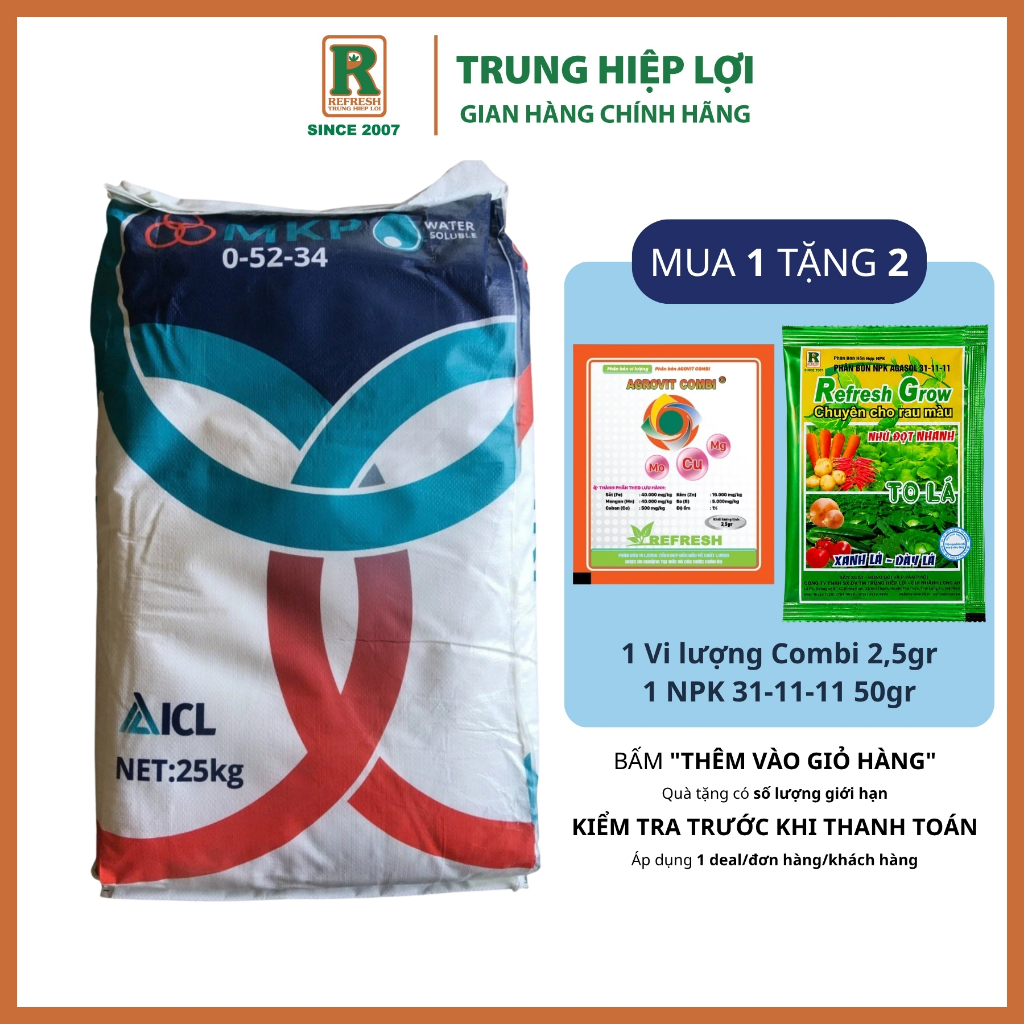 Phân bón MKP 0-52-34 TQ NOVA ICL bao 25KG - Chặn đọt, già lá, nuôi trái, dưỡng hạt TRUNG HIỆP LỢI