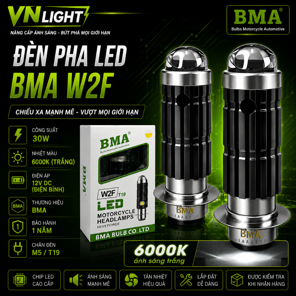 Đèn Pha LED BMA W2F 30W Chính Hãng Siêu Sáng Lắp Dễ Cos Pha Rõ Nét Bám Đường Tốt Cao Cấp BH 1 Năm