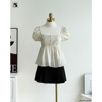 Áo ngắn tay Twentyfive dáng babydoll cổ vuông có chun lưng mềm mại thoải mái AH174